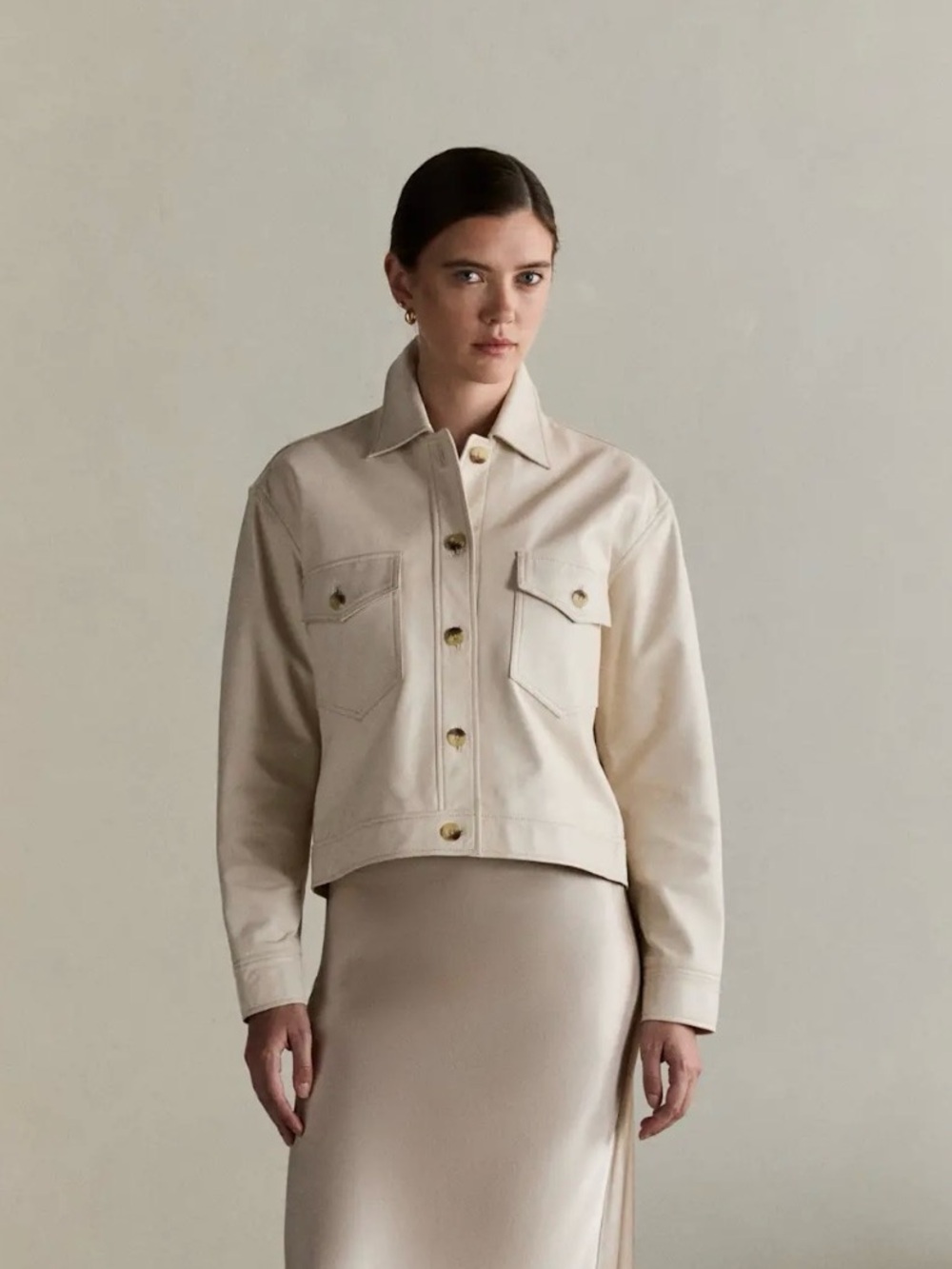 New Quince Leather Oversize Boxy Crop Jacket Cream Birch XS S 0 2